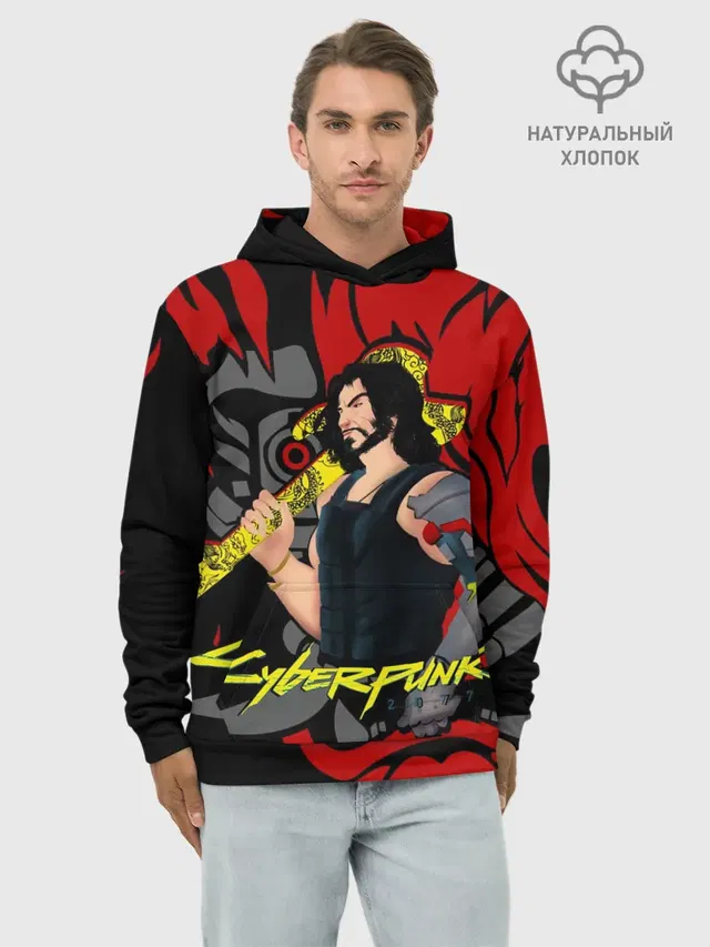 Худи мужской базовый хлопок с принтом «Cyberpunk 2077 — SAMURAI KEANU»