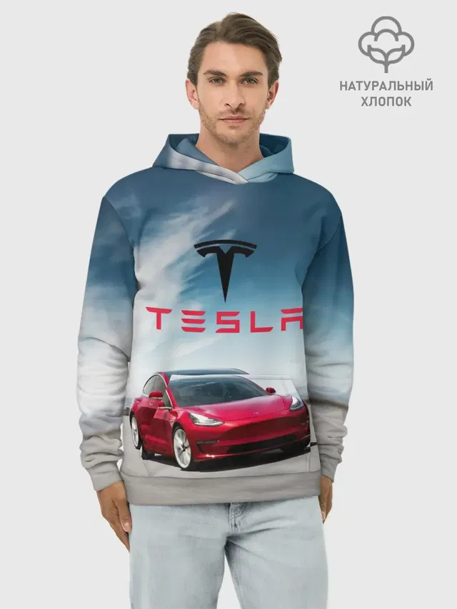 Худи мужской базовый хлопок с принтом «Tesla — Tesla Model 3»