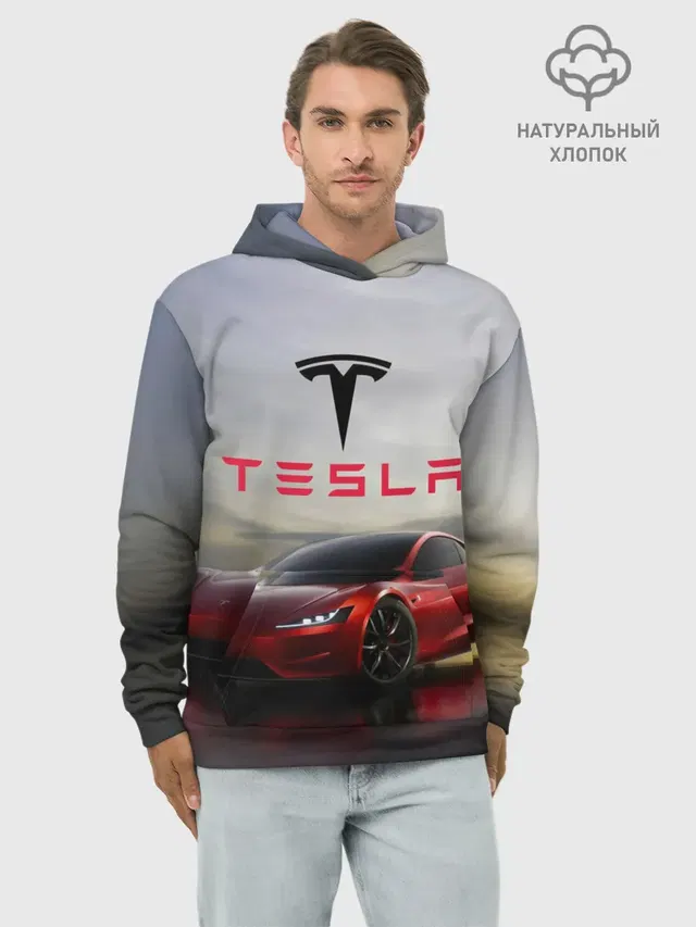 Худи мужской базовый хлопок с принтом «Tesla — Tesla Roadster»