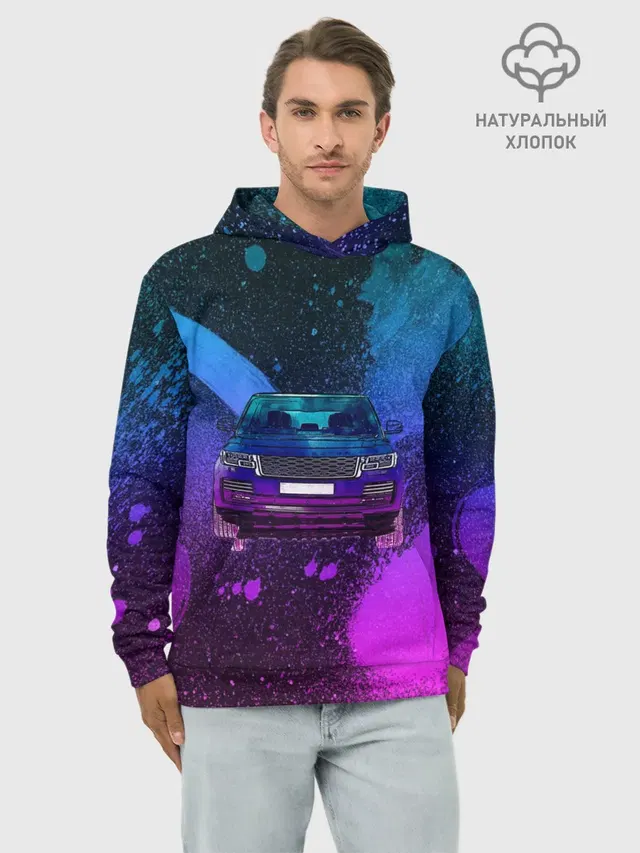 Худи мужской базовый хлопок с принтом «Land Rover Neon»