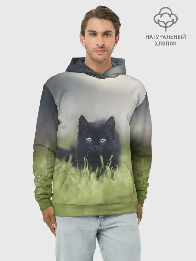 черный кот на лугу