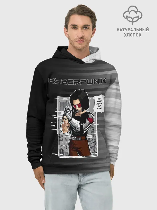 Худи мужской базовый хлопок с принтом «Cyberpunk 2077 — Cyberpunk 2077 WE HAVE A CITY TO BURN!»