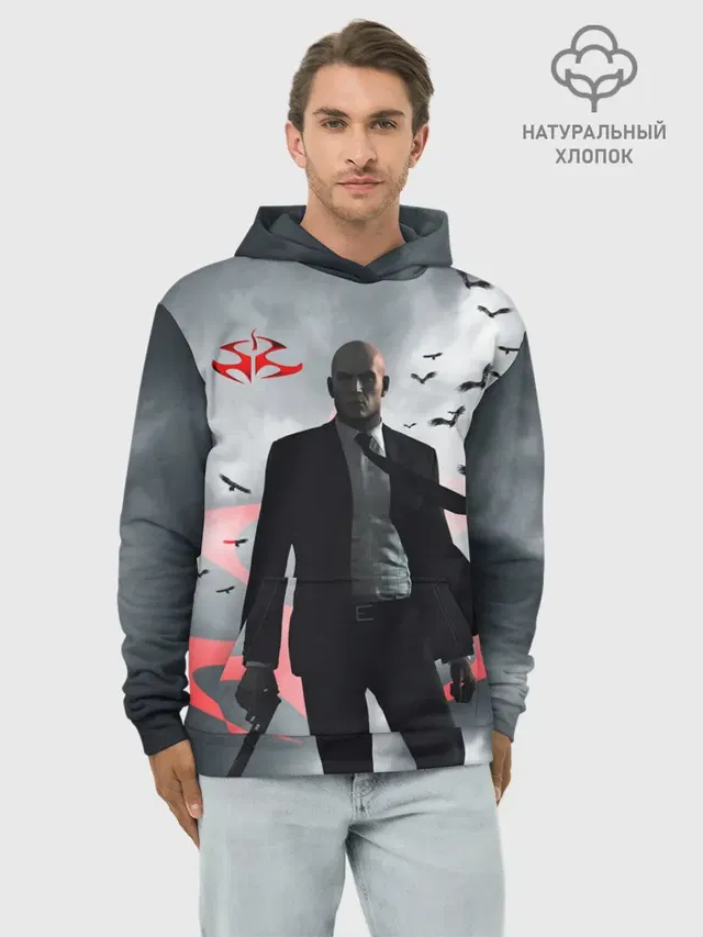 Худи мужской базовый хлопок с принтом «Hitman — Агент 47»