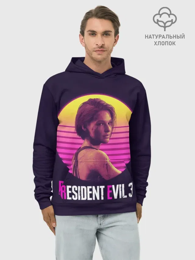 Худи мужской базовый хлопок с принтом «RE3 Jill неон»