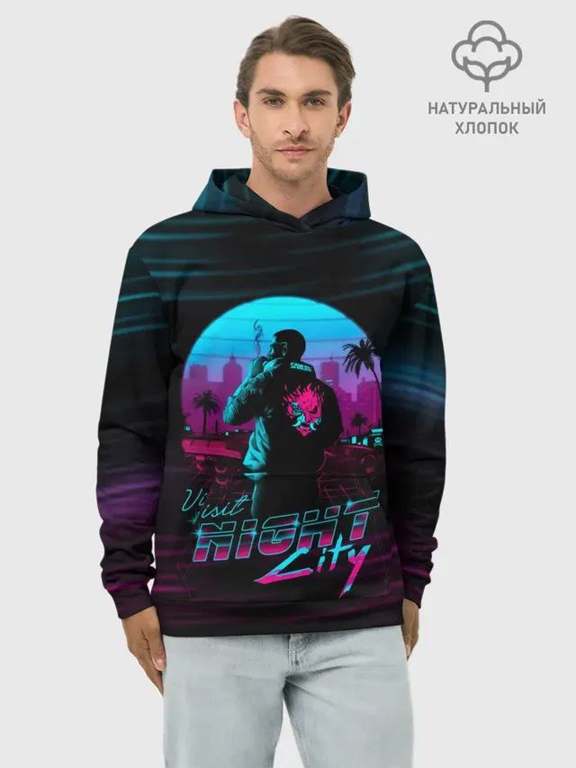 Худи мужской базовый хлопок с принтом «Cyberpunk 2077 — Cyberpunk 2077 NIGHT CITY»
