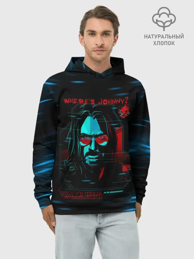 Худи мужской базовый хлопок с принтом «Cyberpunk 2077 — WHERES JOHNNY? SAMURAI»