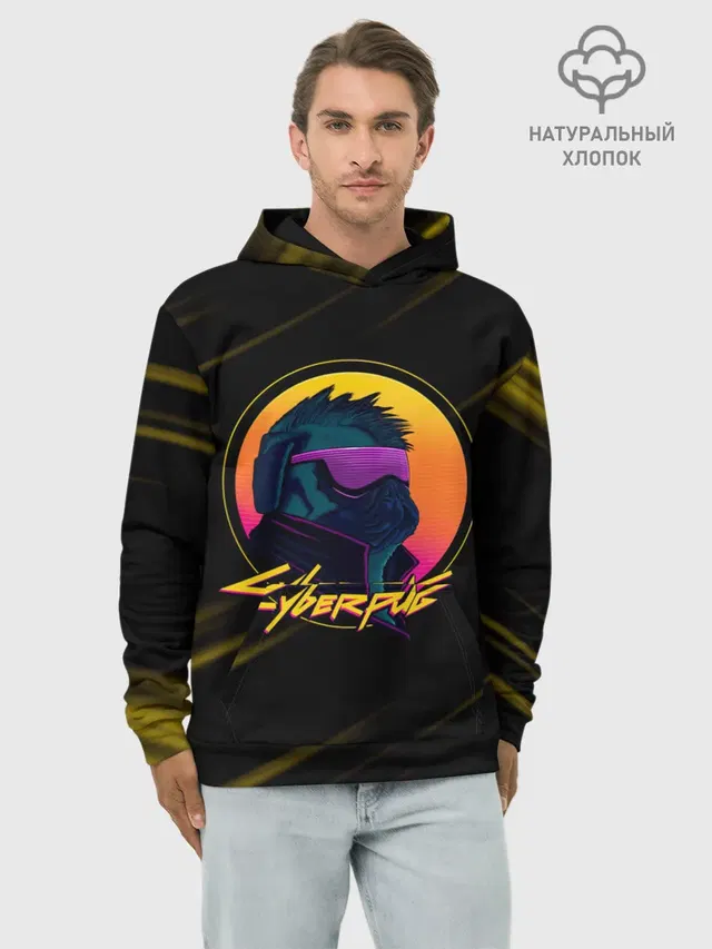 Худи мужской базовый хлопок с принтом «Cyberpunk 2077 — CyberPUG»