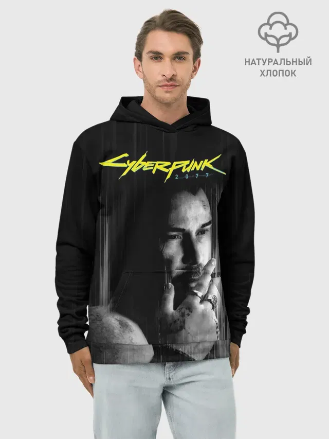 Худи мужской базовый хлопок с принтом «Cyberpunk 2077 — Джонни»