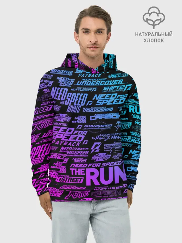 Худи мужской базовый хлопок с принтом «NFS ALL Logos Neon»