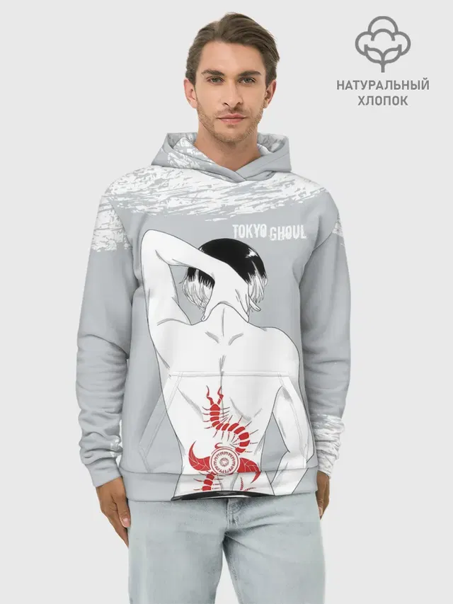 Худи мужской базовый хлопок с принтом «Токийский Гуль — Sasaki kagune tattoo»
