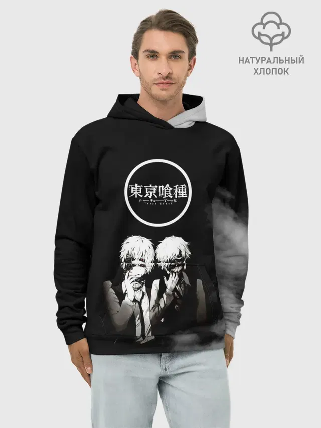 Худи мужской базовый хлопок с принтом «Токийский Гуль — Tokyo Ghoul двое гулей»