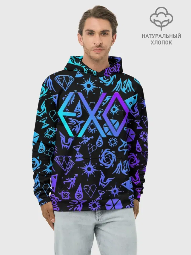 Худи мужской базовый хлопок с принтом «Exo — EXO K-POP — LogoBombing»