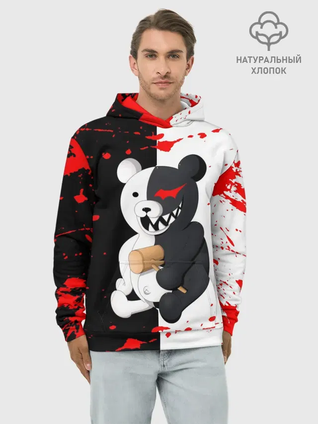 Худи мужской базовый хлопок с принтом «monokuma с молотком»