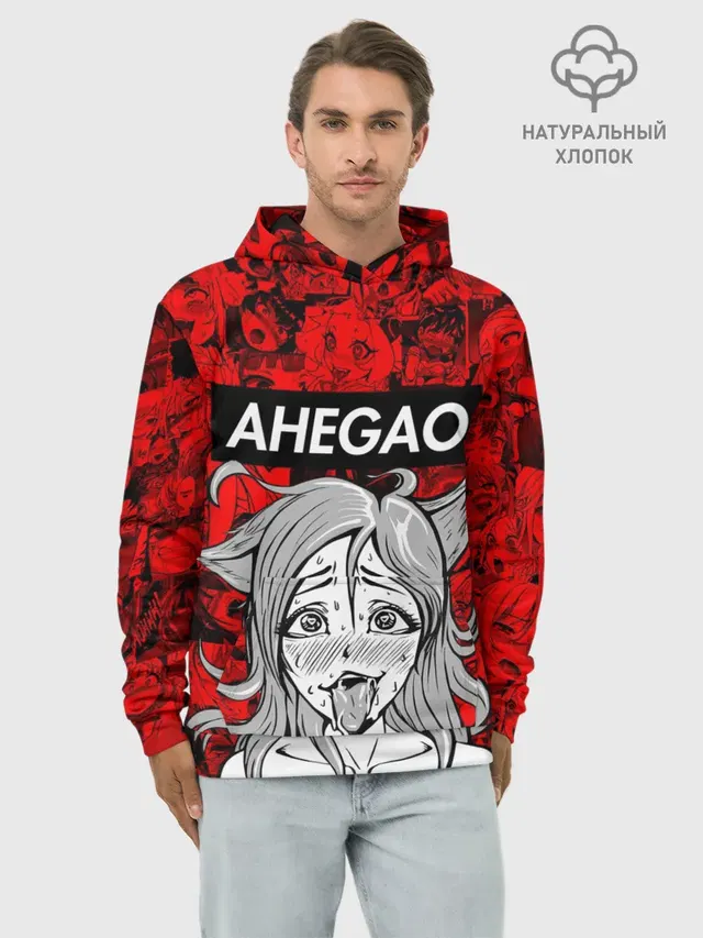 Худи мужской базовый хлопок с принтом «Ahegao — Ahegao red»