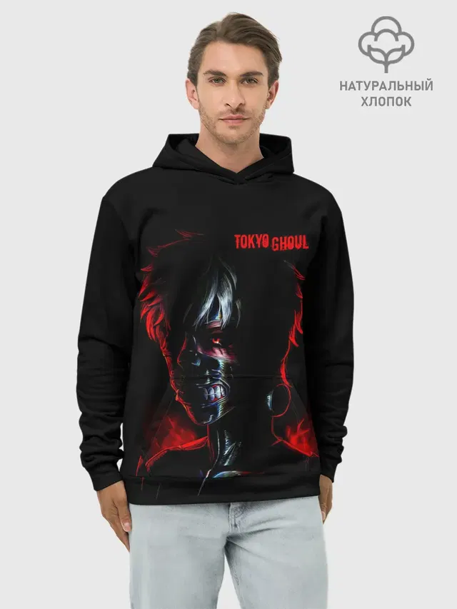 Худи мужской базовый хлопок с принтом «Токийский Гуль — Kaneki Ken in the shadows»