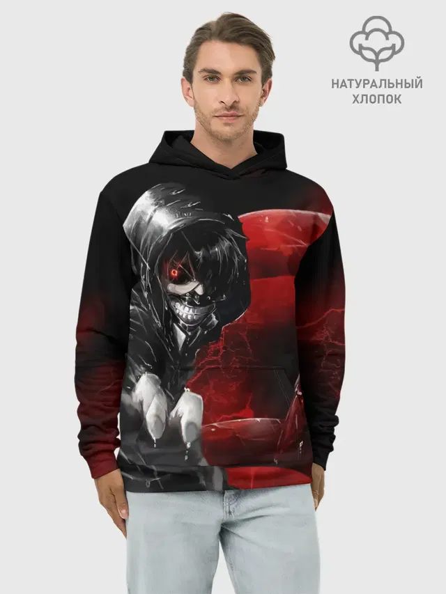 Худи мужской базовый хлопок с принтом «Токийский Гуль — Kaneki Ken Kakuja»