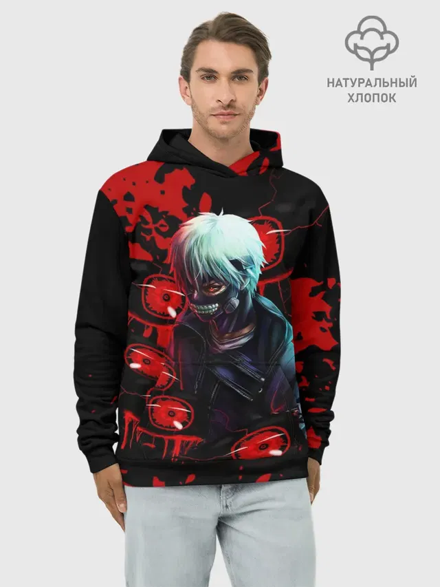 Худи мужской базовый хлопок с принтом «Токийский Гуль — Kaneki»