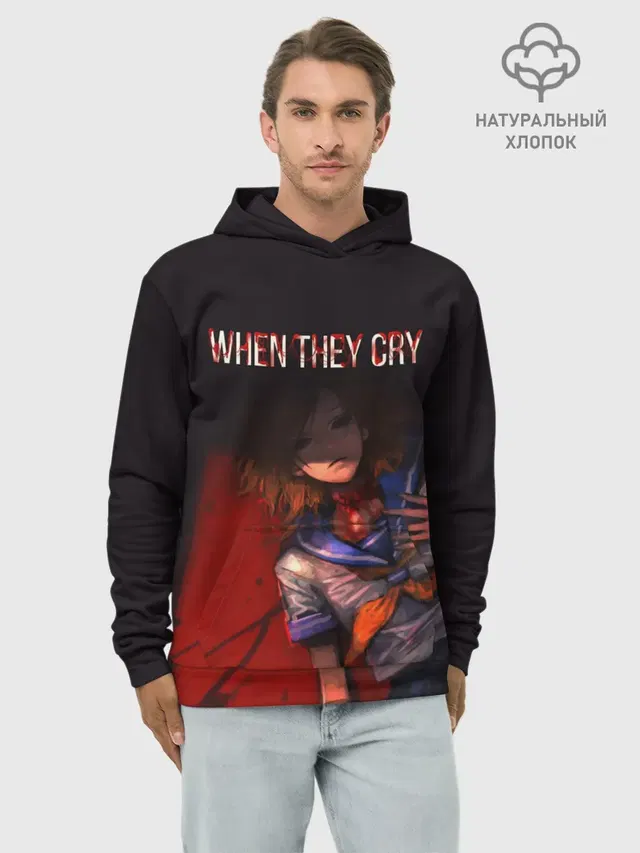 Худи мужской базовый хлопок с принтом «Когда плачут цикады — When they cry»