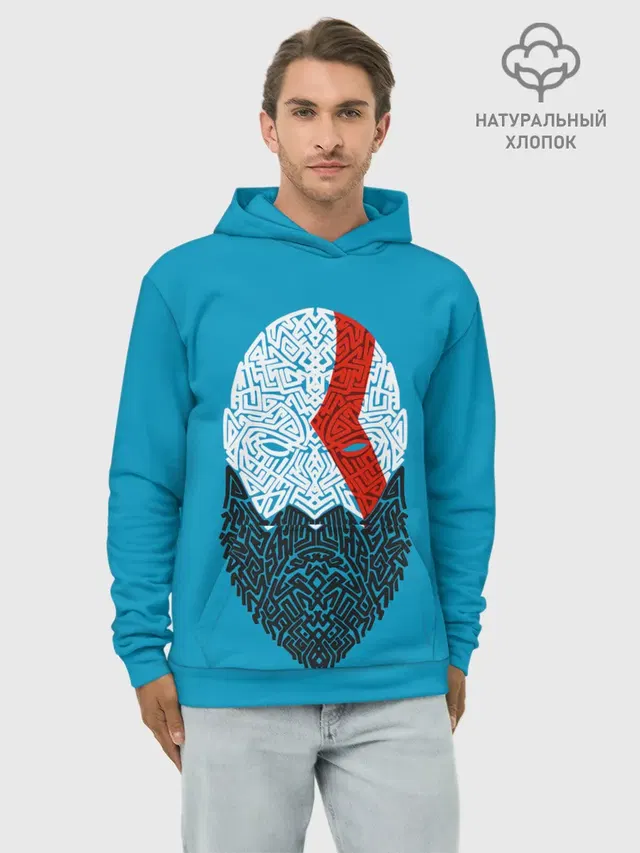 Худи мужской базовый хлопок с принтом «Line art — Бог войны»