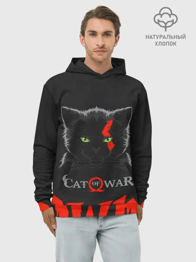 Худи мужской базовый хлопок с принтом «Cat of war»