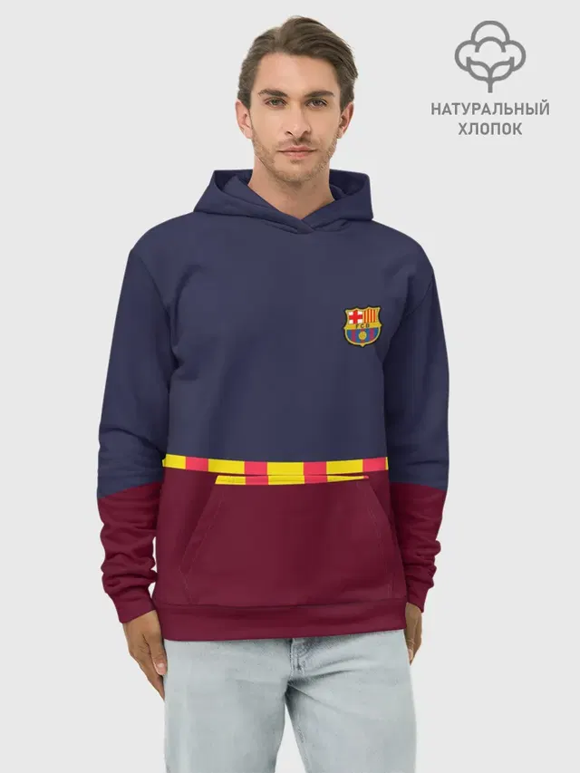 Худи мужской базовый хлопок с принтом «Барселона — FC Barcelona — Flag and team Logo»