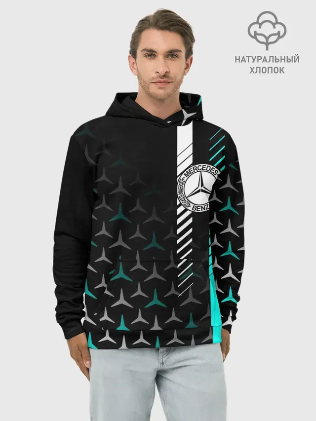 Худи мужской базовый хлопок с принтом «Merсedes — МЕРСЕДЕС — AQUA BLACK GRADIENT»