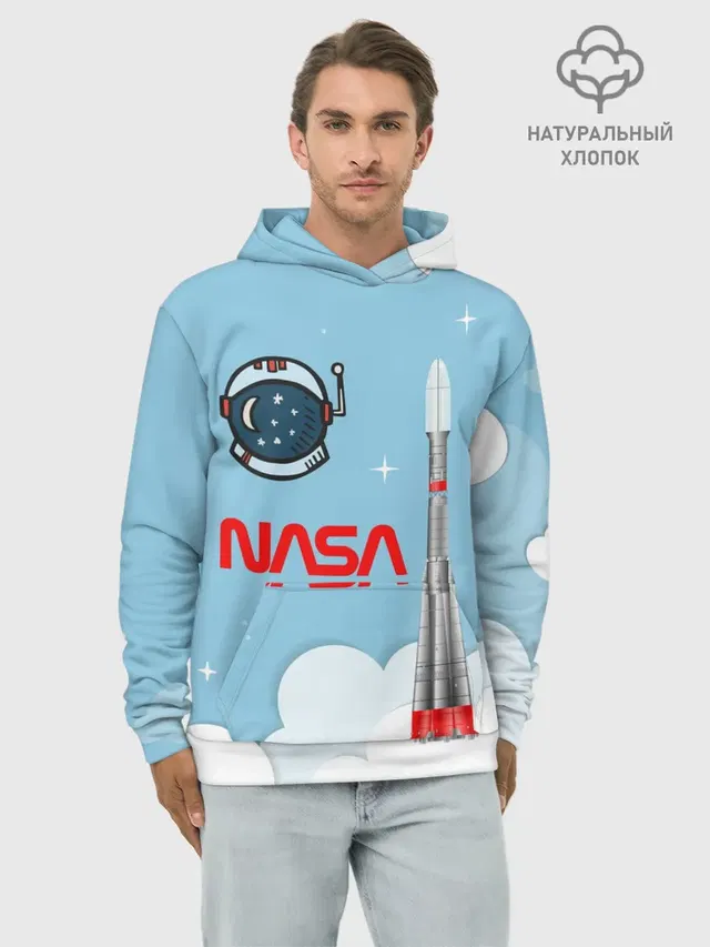 Худи мужской базовый хлопок с принтом «Астрономия, космос — Mission NASA»