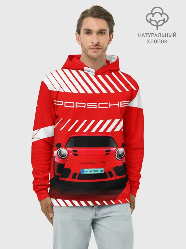 Худи мужской базовый хлопок с принтом «Porsche Порше RED Style — ПОРШЕ — RED STYLE»