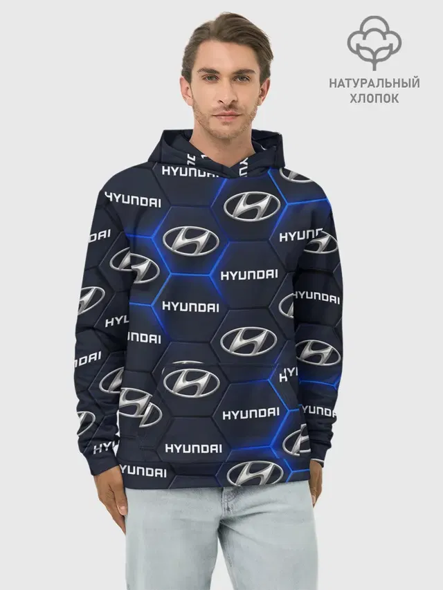Худи мужской базовый хлопок с принтом «Hyundai — ХЕНДАЙ — 3D ПЛИТЫ»
