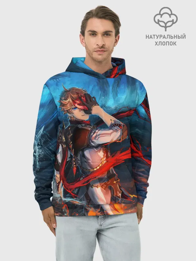 Худи мужской базовый хлопок с принтом «Геншин Импакт — Tartaglia art»