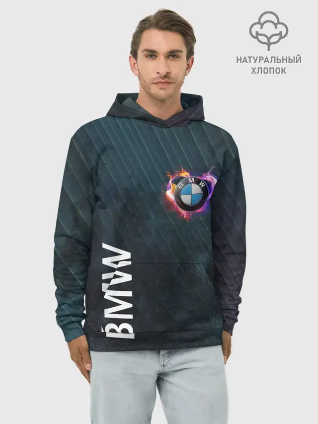 Худи мужской базовый хлопок с принтом «BMW — BMW Heart. Grooved Texture»