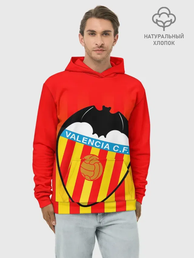 Худи мужской базовый хлопок с принтом «Valencia — FC VALENCIA — ФК ВАЛЕНСИЯ»