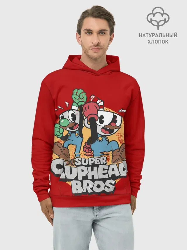 Худи мужской базовый хлопок с принтом «Super Cuphead Bros»