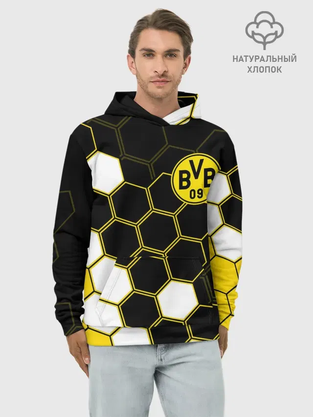 Худи мужской базовый хлопок с принтом «Hexagon pattern — ФК БОРУССИЯ — FC BORUSSIA»
