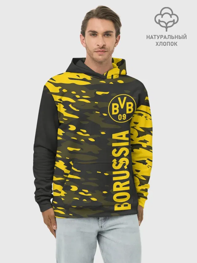 Худи мужской базовый хлопок с принтом «Camouflage — ФК БОРУССИЯ — FC BORUSSIA»