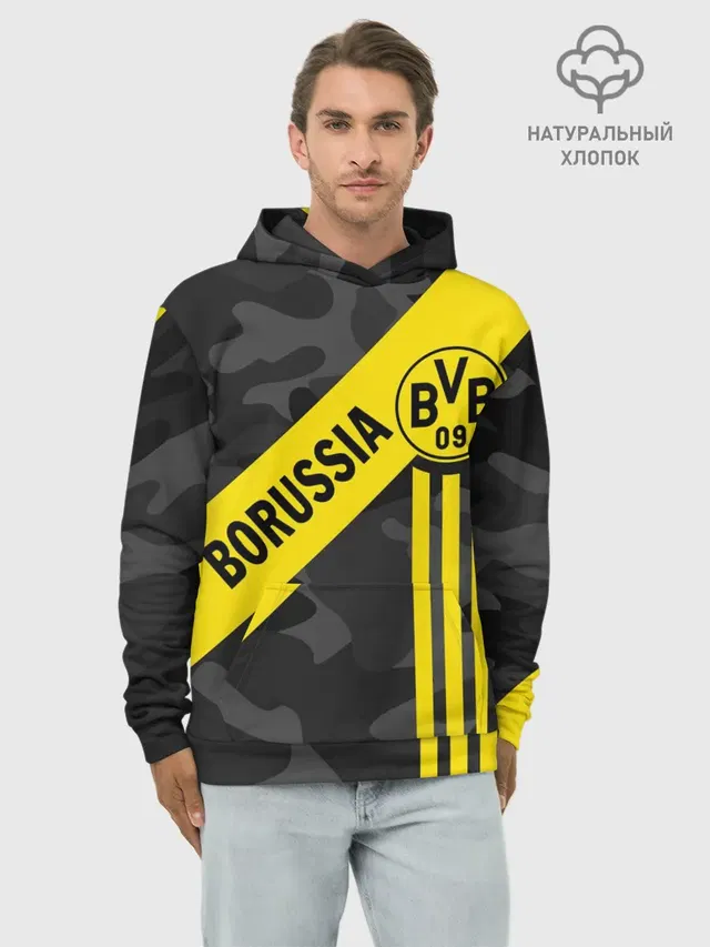 Худи мужской базовый хлопок с принтом «camouflage — ФК БОРУССИЯ — FC BORUSSIA»