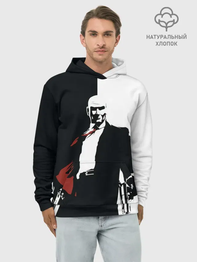 Худи мужской базовый хлопок с принтом «Hitman BW»