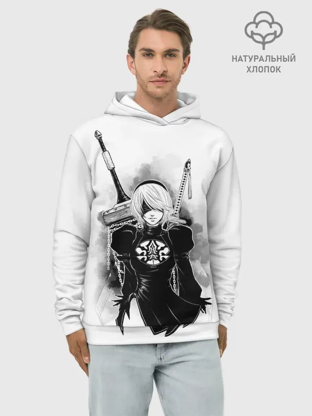 Худи мужской базовый хлопок с принтом «Greatsword — 2B — Nier Automata»