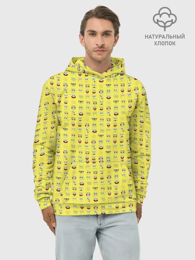 Худи мужской базовый хлопок с принтом «Губка Боб — SpongeBobs facial expressions»