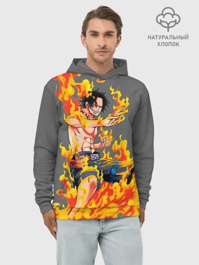 Худи мужской базовый хлопок с принтом «Ван Пис — Портгас Д Эйс из One Piece»