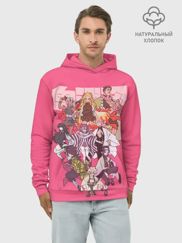 Худи мужской базовый хлопок с принтом «Клинок, рассекающий демонов — Slayers on pink»