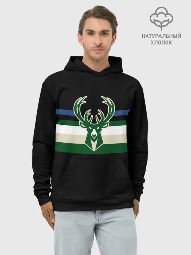 Худи мужской базовый хлопок с принтом «НБА — Milwaukee Bucks форма. Statement Edition»