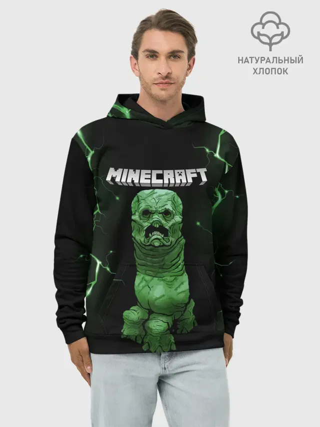 Худи мужской базовый хлопок с принтом «Майнкрафт — CREEPER 3D — MINECRAFT 3D»