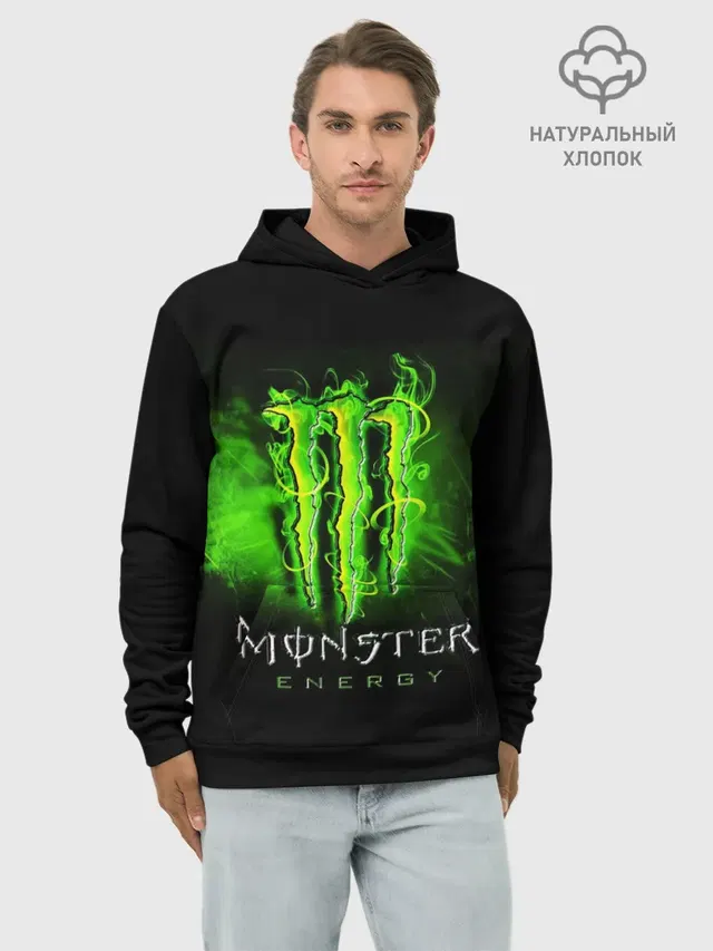 Худи мужской базовый хлопок с принтом «Разные тренды — MONSTER ENERGY NEON — НЕОН»