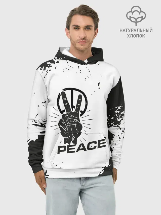 Худи мужской базовый хлопок с принтом «Хиппи — Peace — Мир»