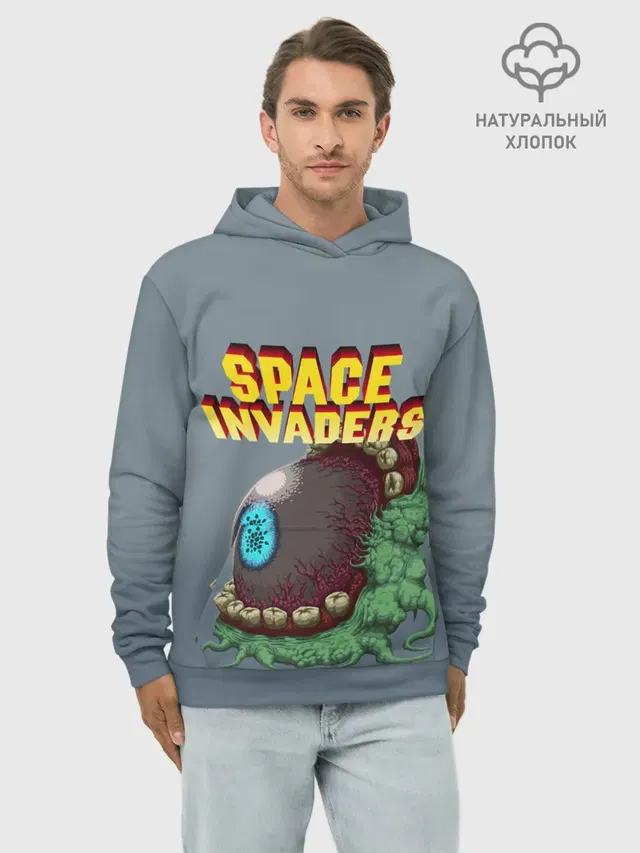 Худи мужской базовый хлопок с принтом «Retro gaming — Boss — Space Invaders — Old game»