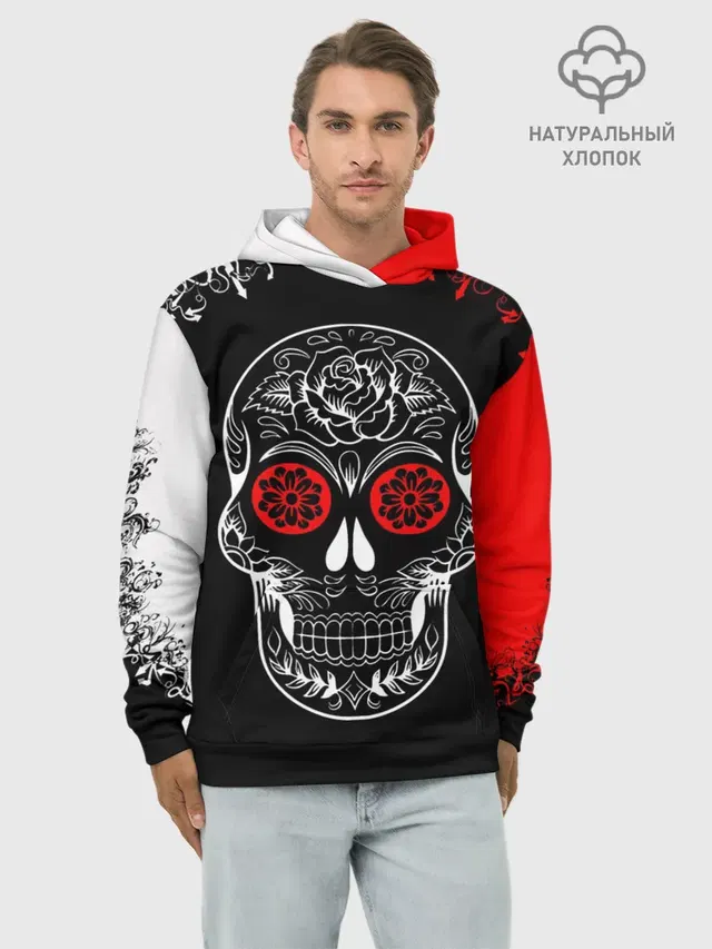 Худи мужской базовый хлопок с принтом «Черепа — Red White Skull - Череп»