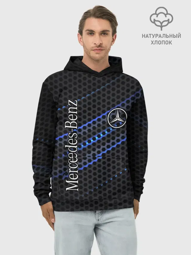 Худи мужской базовый хлопок с принтом «Mercedes Logo Neon»