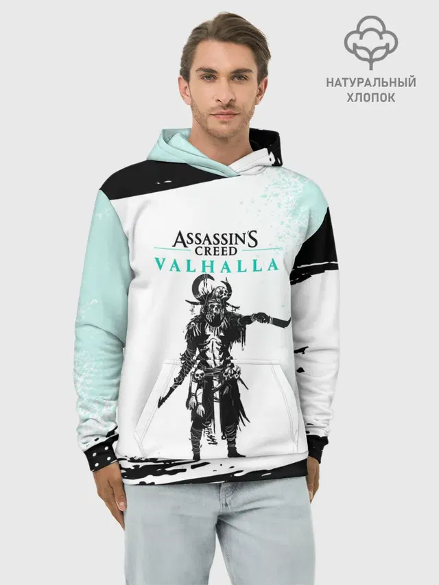 Худи мужской базовый хлопок с принтом «Viking warrior — АССАСИН КРИД — ASSASSINS CREED VALHALLA»