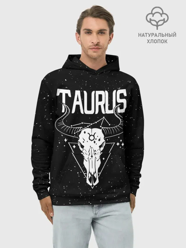 Худи мужской базовый хлопок с принтом «Телец — Dark Taurus»
